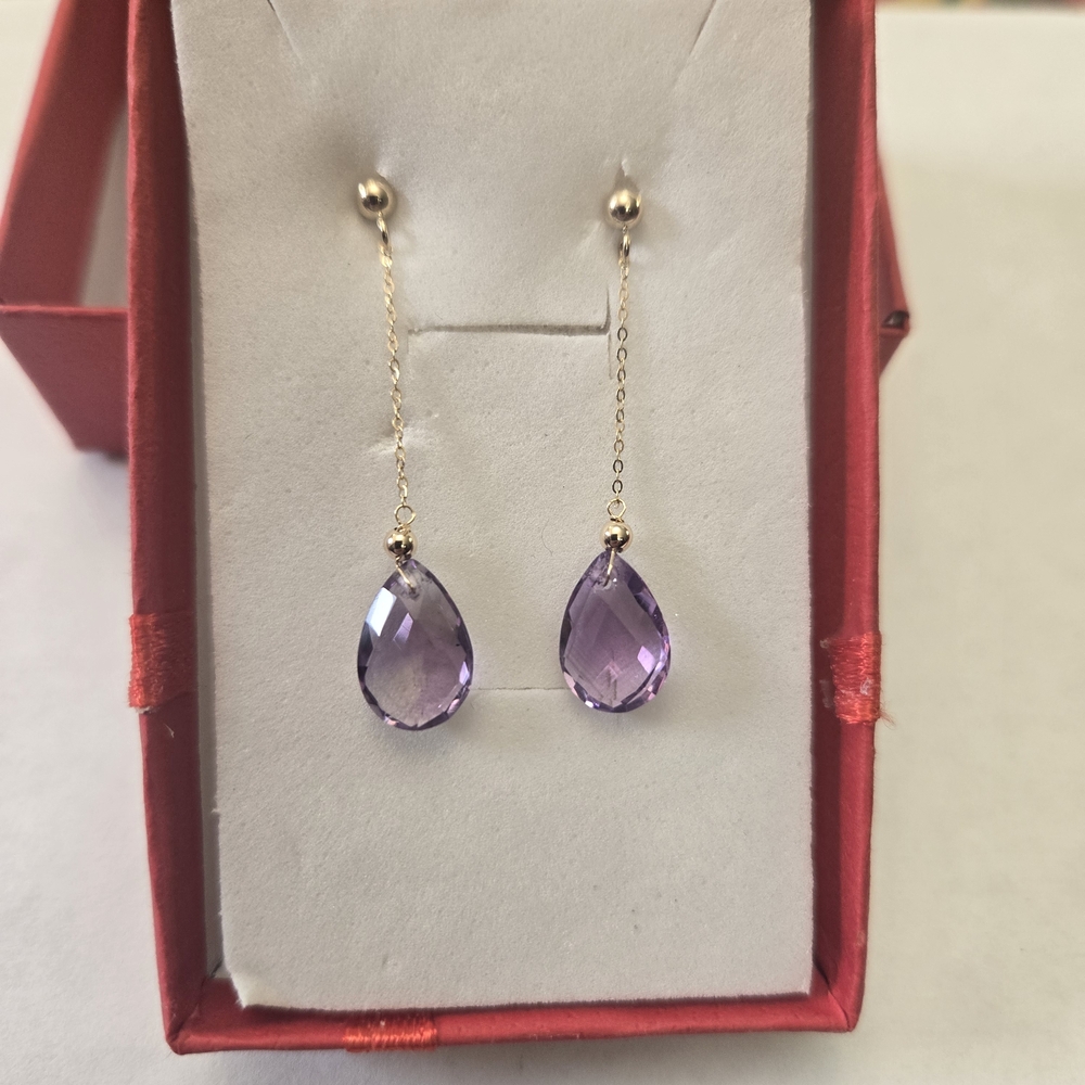 14K Solid Yellow Gold Semiprecious Amethyst Drop Earrings - - Picture 6 of 12